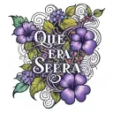the words "Que sera sera" written inside of purple 4 leaf clover flowers and vines, with lace tattoo design idea