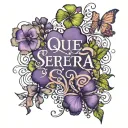 the words "Que sera sera" written inside of purple 4 leaf clover flowers and vines, with lace tattoo design idea