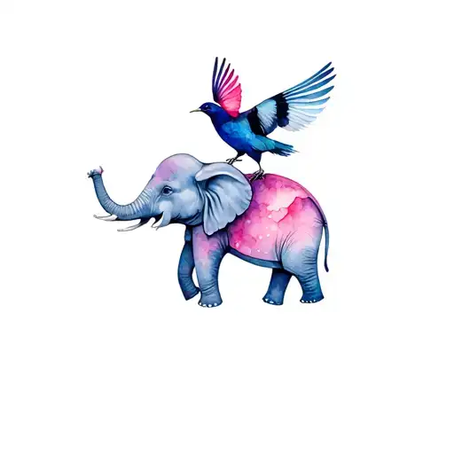 Baby elephant and fantail bird perched tattoo design idea