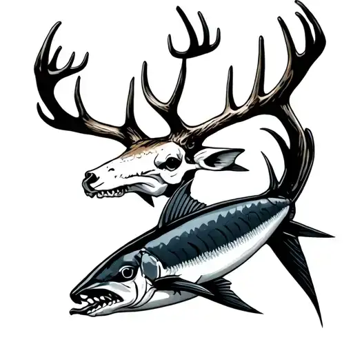 Deer skull and marlin tattoo design idea