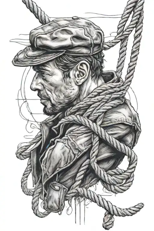 man with French flat cap hanging from rope around his neck tattoo design idea