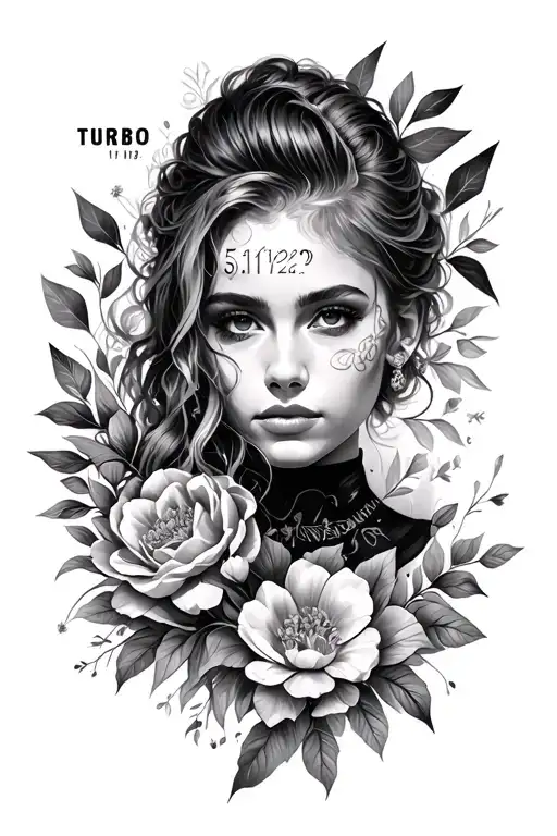 portrait surrounded with shapes and flowers surrounding. name Turbo date 5/11/25 tattoo design idea