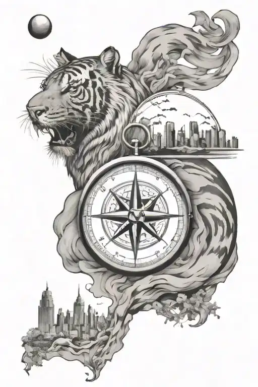 compass mountains tiger basketball city skyline tattoo design idea