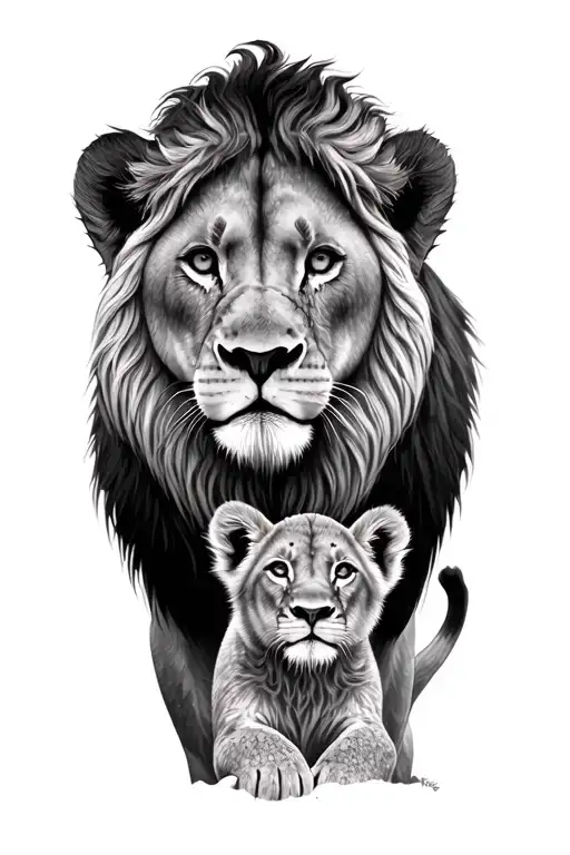  a lioness without mane , above a lion cub tattoo design idea