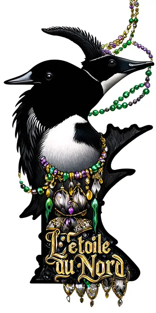 black and grey Minnesota and New Orleans theme with Mardi Gras beads, loon, the phrase L'Étoile du Nord, with magnolia  tattoo design idea