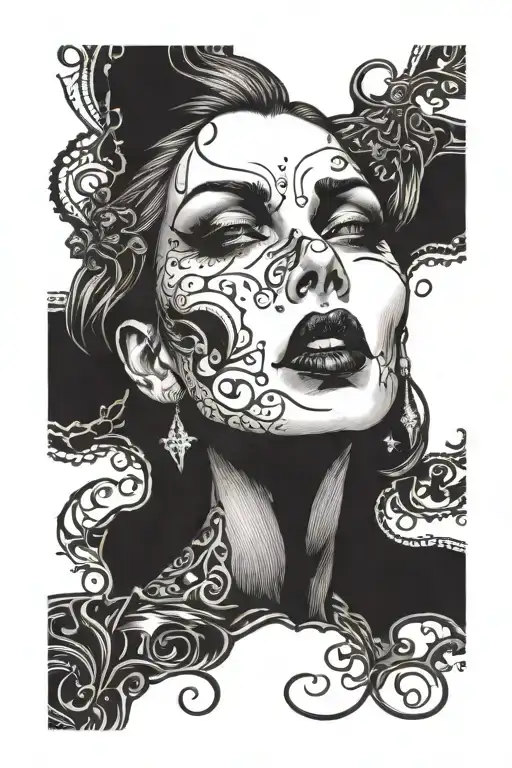 a vampire queen face that's seductive and black work  tattoo design idea