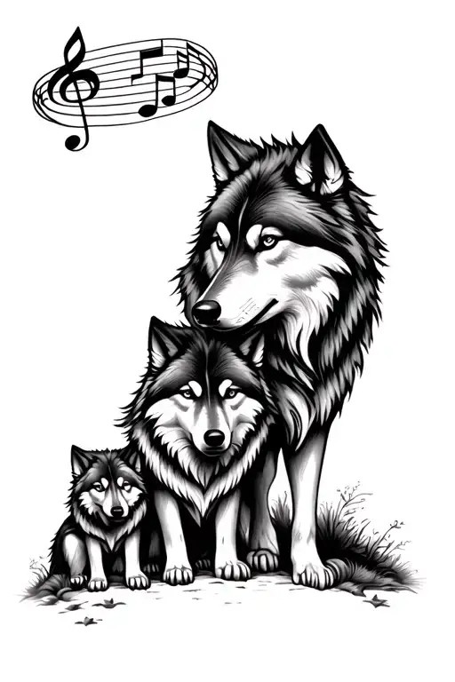 Tribal wolf tattoo with three wolves a mom and two kids, with the noses perched down with music notes incorporated in tattoo design idea