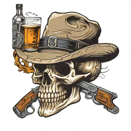 skull with a pistol, whiskey, and cigar  tattoo design idea