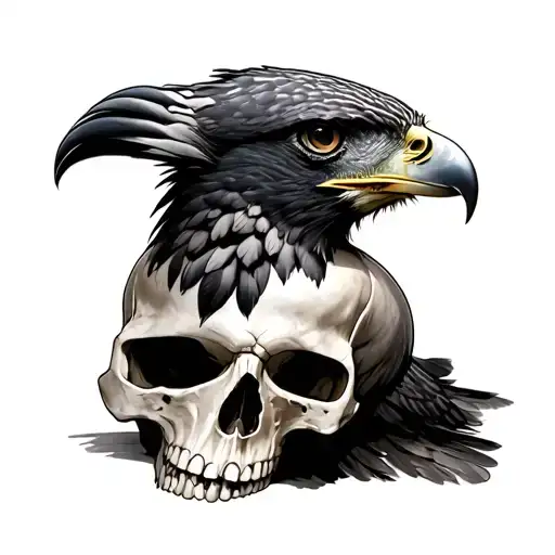 Realistic Hawk head sitting on top of realistic human skull tattoo design idea