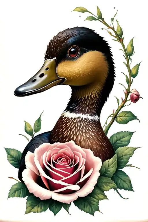 duck with rose tattoo design idea