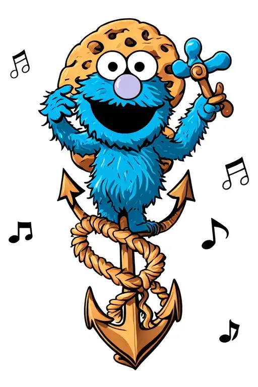 Cookie Monster with an anchor surrounded bij musicnotes tattoo design idea