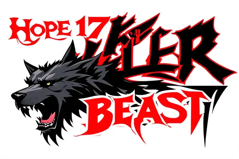 one centered black werewolf head with "Hope 17 Killer" written above in red and the word "BEAST" written below tattoo design idea