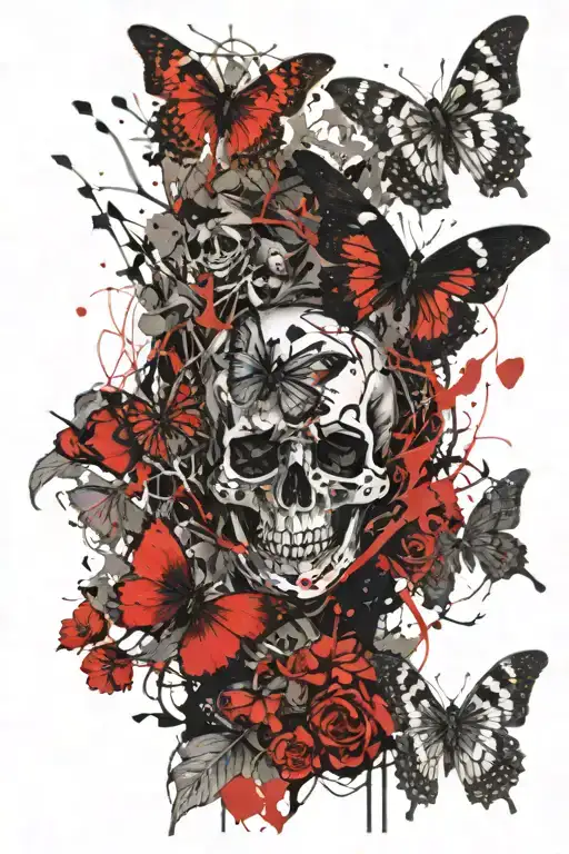 butterfly's landing on skulls in war-torn fields tattoo design idea