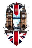 london, uk, union jack, big ben, london eye, phone booth, underground station, arsenal, tower bridge tattoo design idea