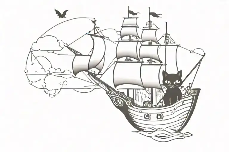 black cat on a pirate ship tattoo design idea