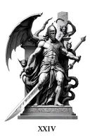 st micheal with warrior helmet and sword standingon stone Roman numerals XXIV with demons climbing up the Roman numerals tattoo design idea