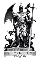 st micheal with warrior helmet and sword standingon stone Roman numerals XXIV with demons climbing up the Roman numerals tattoo design idea