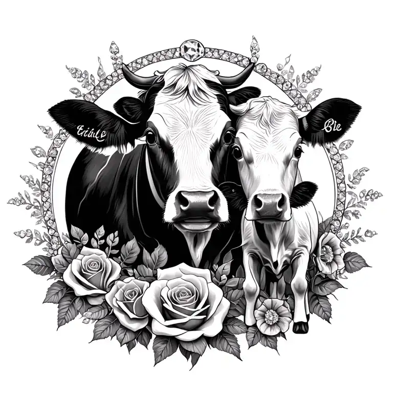Memorial of mother with cow,diamonds and roses and baby cow  tattoo design idea