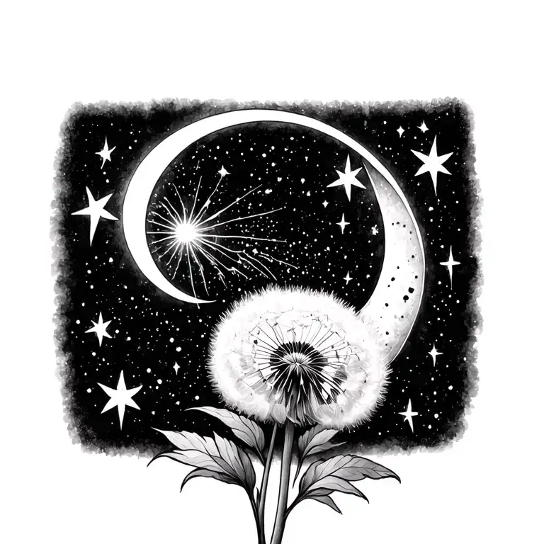 dandelion flower wth crescent moon and stars swirling within a galaxy tattoo design idea