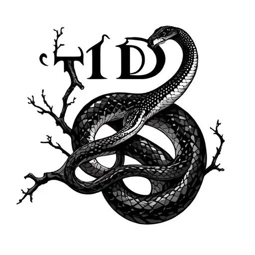 Geometric abstract snake wrapped around a tree branch. T1D lettering above the snake tattoo design idea