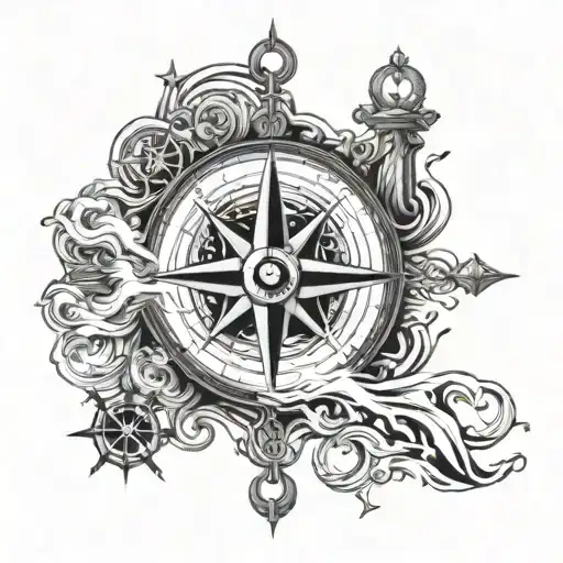 A detailed compass rose with nautical elements like anchors and waves, symbolizing your journeys across the ocean tattoo design idea