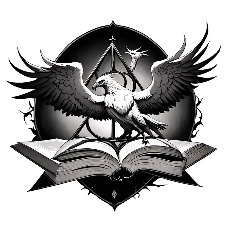 phoenix, harry potter deathly hallows, books forming the shape tattoo design idea