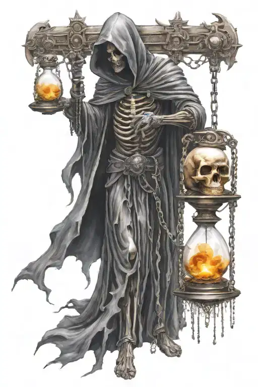 side profile full body grim reaper holding a hourglass with chains standing on skulls tattoo design idea