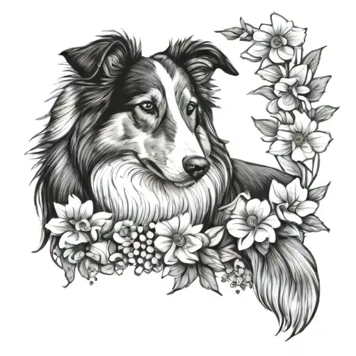 sable old time scotch collie with floppy ears surrounded by flowers tattoo design idea