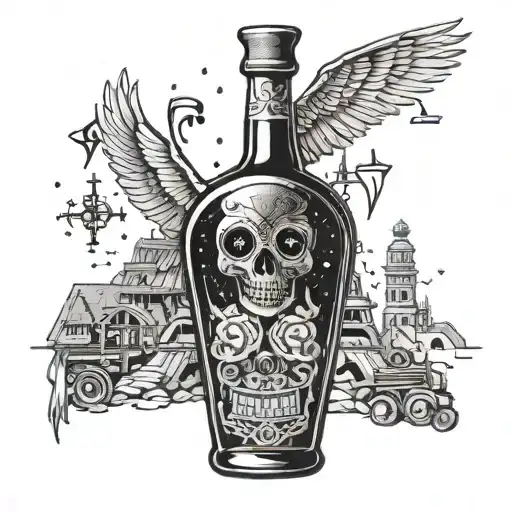 A construction crane lifting a giant bottle of tequila, with classic rock symbols and Mexican patterns in the background tattoo design idea