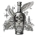 A construction crane lifting a giant bottle of tequila, with classic rock symbols and Mexican patterns in the background tattoo design idea