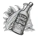 A construction crane lifting a giant bottle of tequila, with classic rock symbols and Mexican patterns in the background tattoo design idea