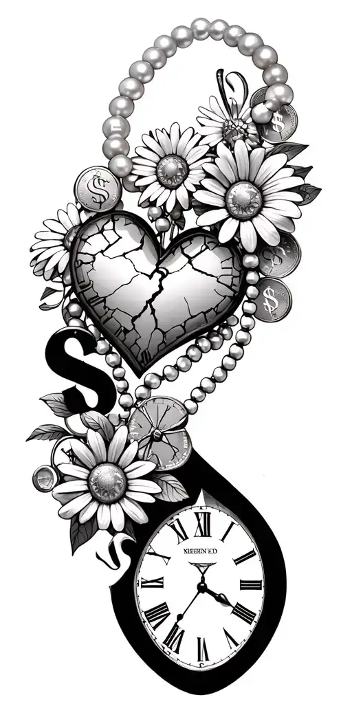 Pearl Necklace, Cracked Heart, Gold Coins, Dollar Signs, Daisy Flowers, Teardrop-shaped Diamond, A Broken Clock tattoo design idea