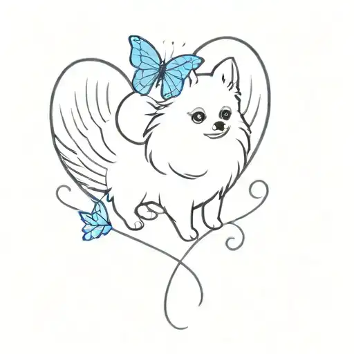Pomeranian dog with angel wings and a blue butterfly flying together tattoo design idea