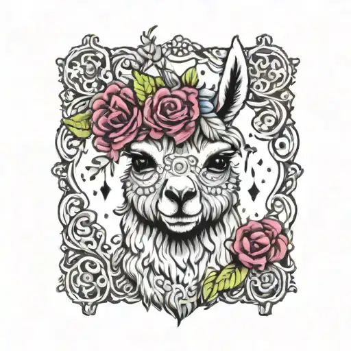 colorful llama with flower crown knitting a blanket tattoo design idea