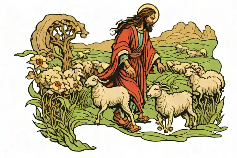 Jesus leading a sheep down green pastures, still waters, and the valley of shadow of death  tattoo design idea