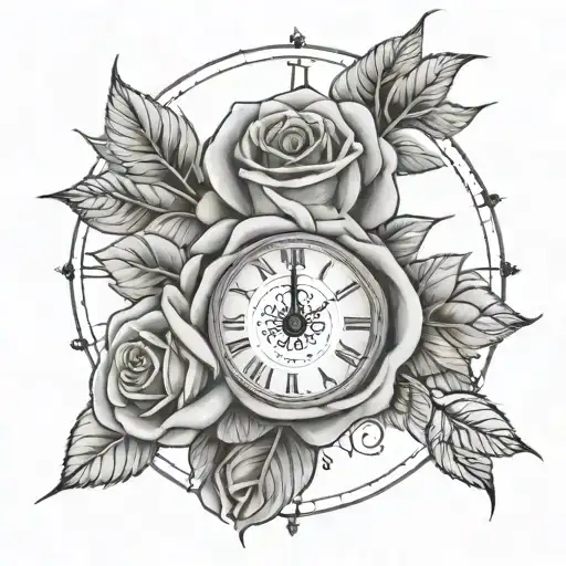 rose with the name Adalyn, a clock with the time 3:31 on a scale with the weight 7 Ibs 1oz tattoo design idea