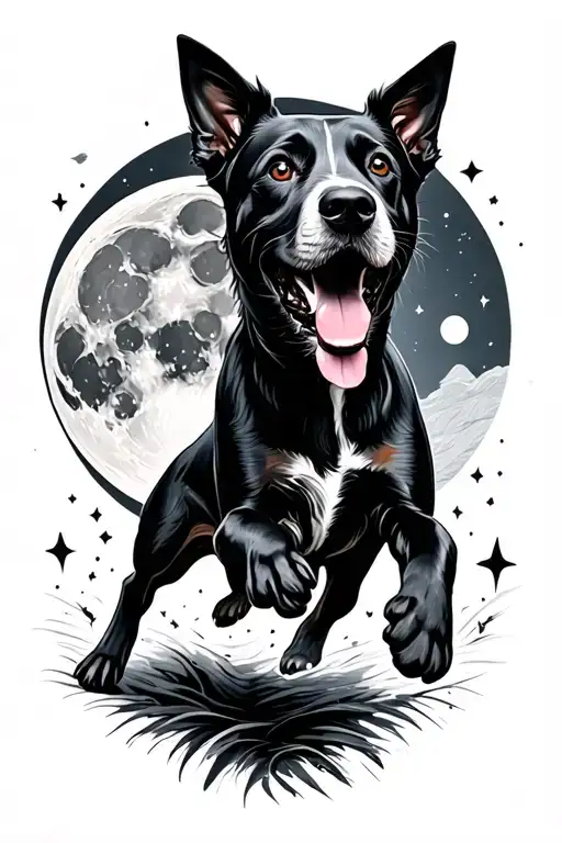 whimsical Black lab and blue heeler running and howling at moon  tattoo design idea