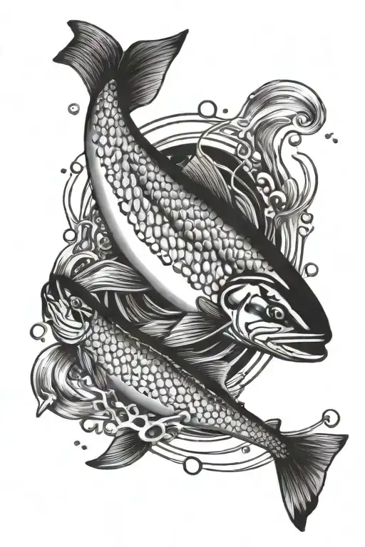 salmon swimming around cross tattoo design idea