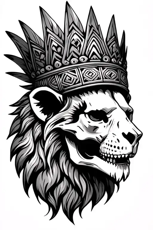 lion's skull wearing an Aztec crown tattoo design idea