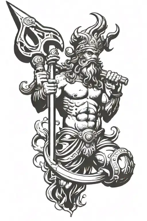 A modern twist on the Greek god Poseidon, incorporating construction tools like a hammer and hard hat tattoo design idea