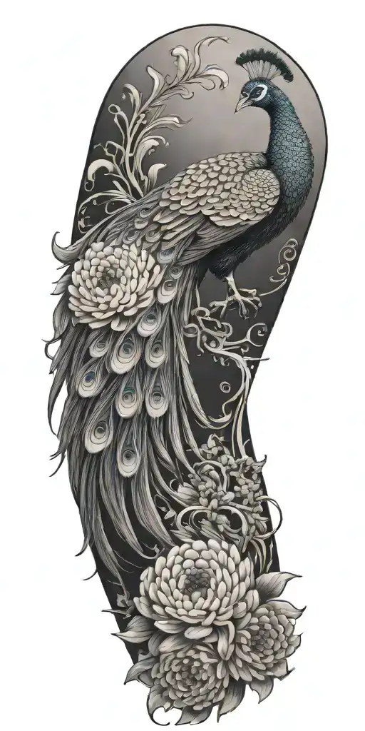male peacock and chrysanthemum flowers japanese style around the arm tattoo design idea