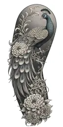 male peacock and chrysanthemum flowers japanese style around the arm tattoo design idea
