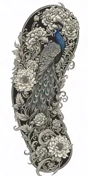male peacock and chrysanthemum flowers japanese style around the arm tattoo design idea