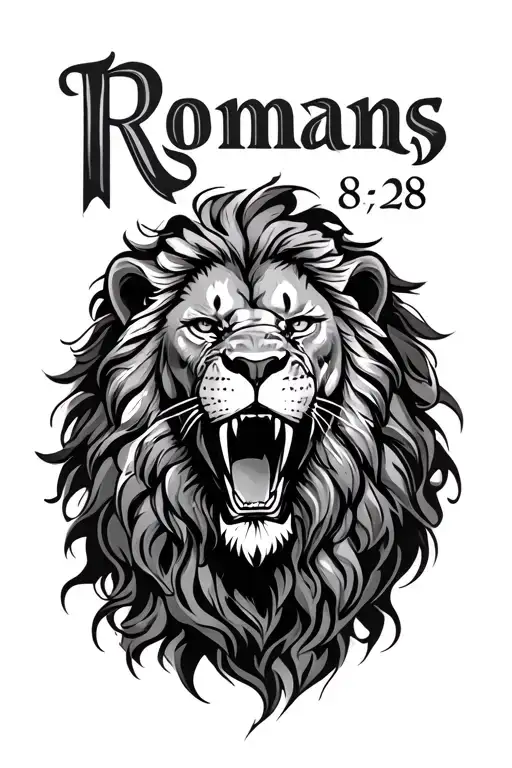 Romans 8:28 lion roaring tattoo design idea