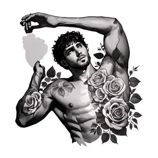 upper torso of a man, shirtless, arm raised, no head or hands, roses bloom from where head and hands would be. tattoo design idea