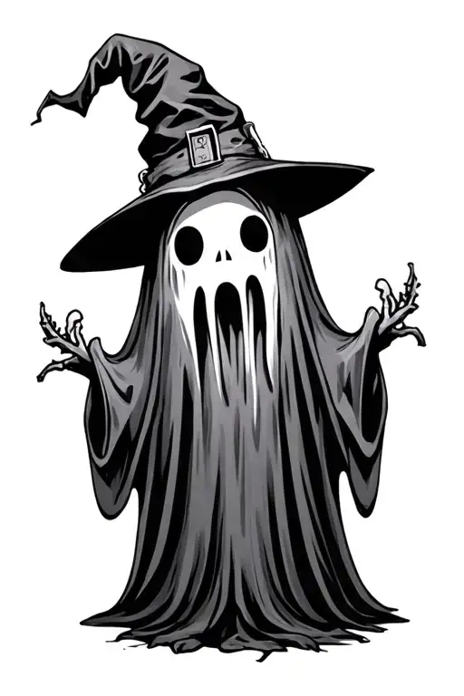 cute ghost with witch hat no background black and white tattoo design idea