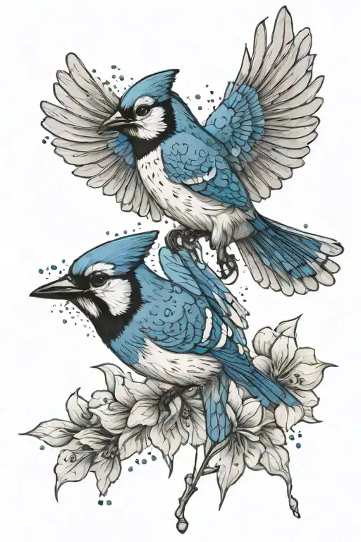 blue jay bird flying, larkspur flower tattoo design idea