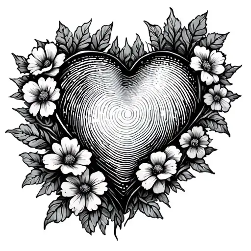 thumbprint heart with flowers tattoo design idea