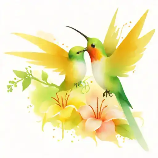 watercolor rainbow and two hummingbirds and flowers tattoo design idea