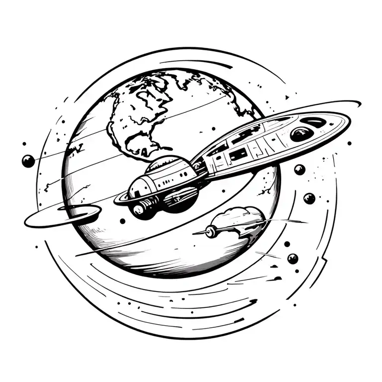 spinal cord and 5 planet earth space ship sailing towards tattoo design idea